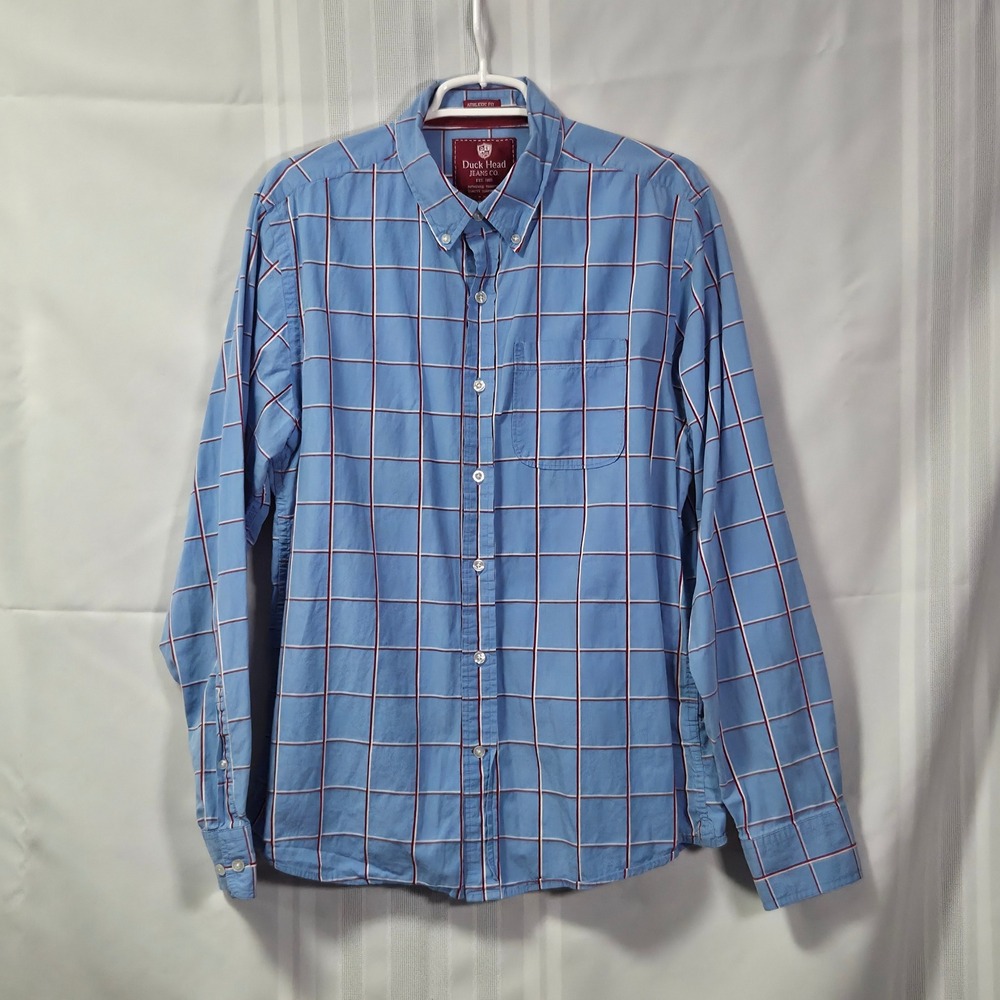 Duck Head Button Down Shirt Mens XL Blue Plaid Athletic Fit Long Sleeve Cotton